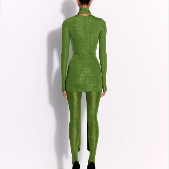 Alex Perry Fern Green Crystal Embellished Long-Sleeve Scarf-Neck Mini Dress - Picture 6 of 9